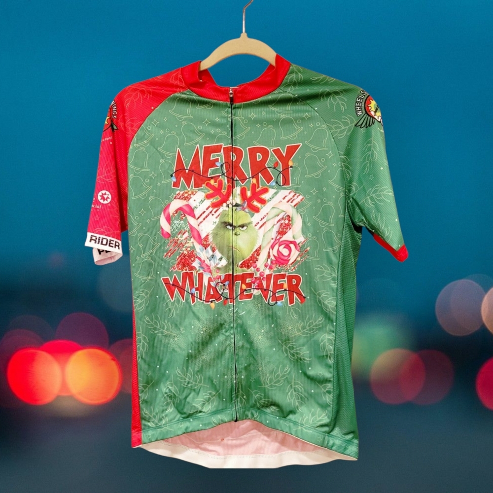 Wheels And Wings Mens Large Bicycling Event Jersey Christmas Grinch
